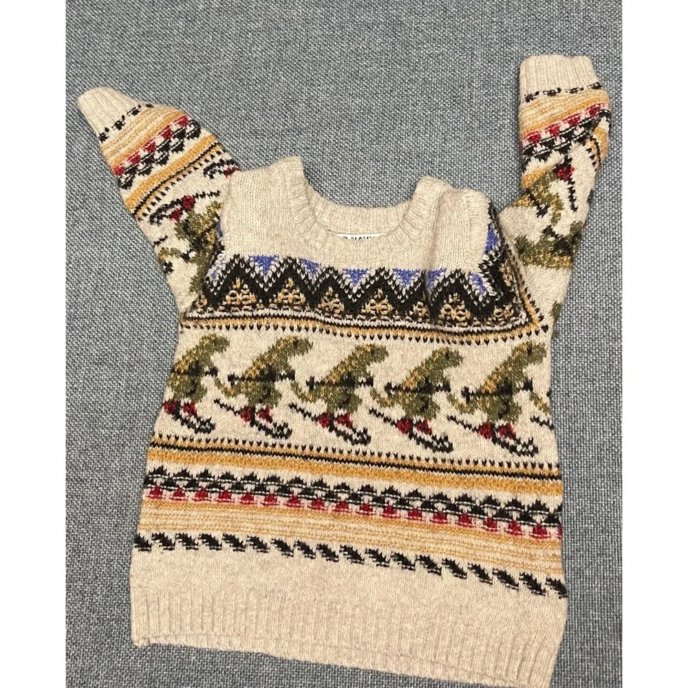 Old Navy Toddler Skiing Dinosaur Fair Isle Knit Sweater Oatmeal 12-18M